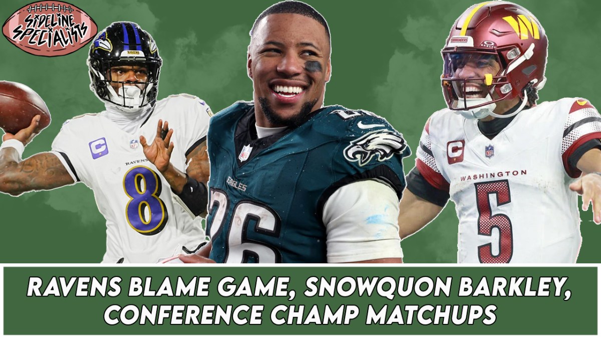 Thumbnail of the Sideline Specialists podcast episode 31 involving Saquon Barkley, Lamar Jackson, and Jayden Daniels.